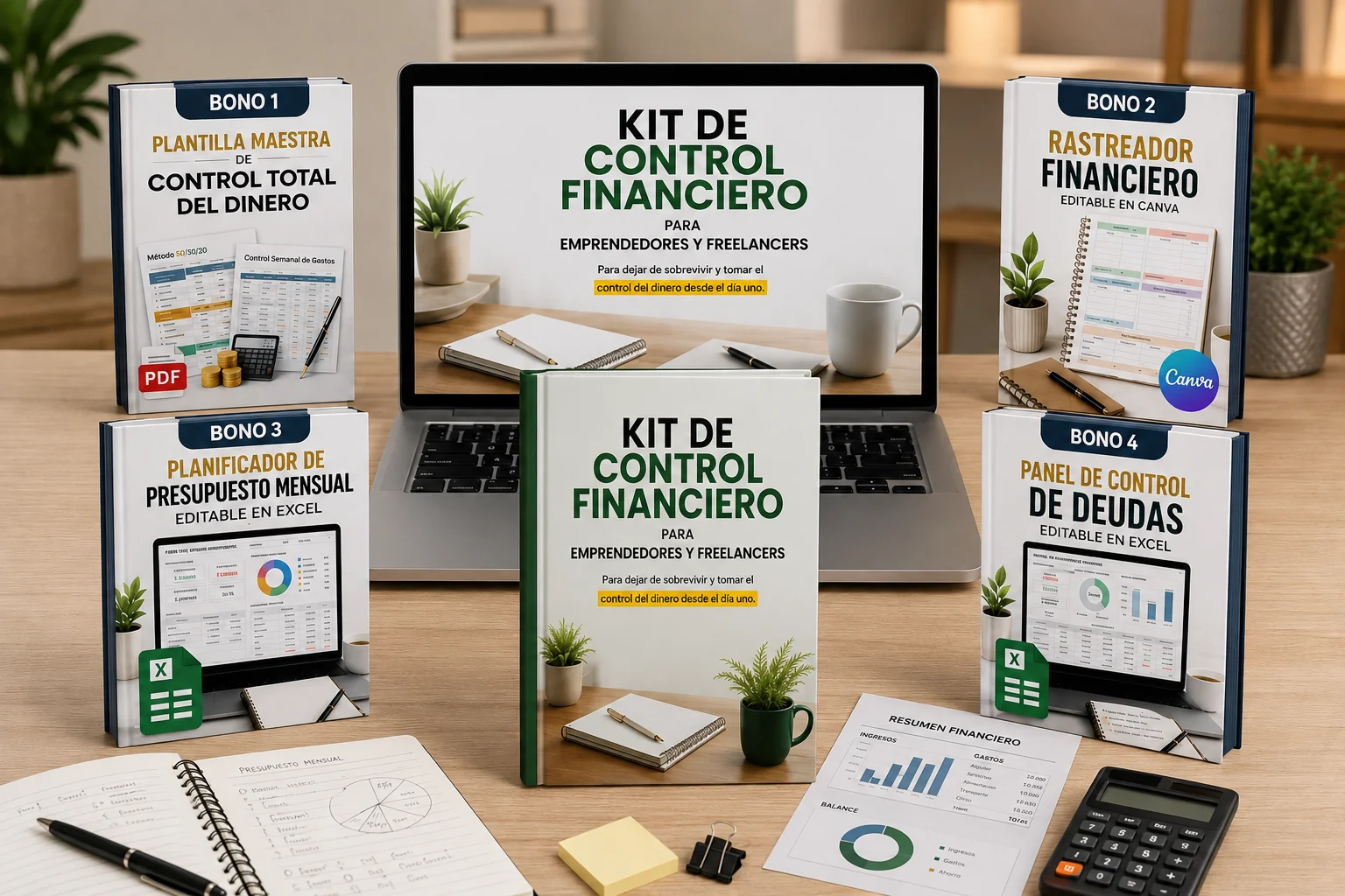 Kit completo de Control Financiero con el e-book principal y los 4 bonos: plantilla de control total, rastreador en Canva, presupuesto en Excel y panel de deudas