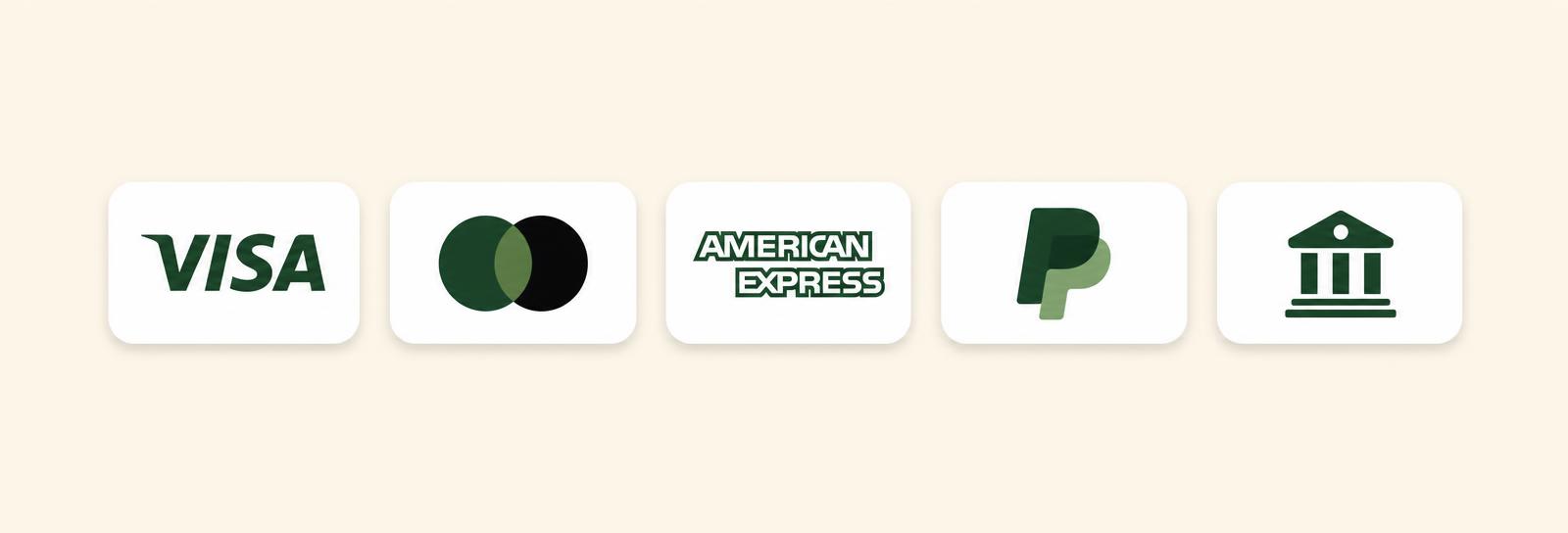 Métodos de pago aceptados: Visa, Mastercard, American Express, PayPal y transferencia bancaria